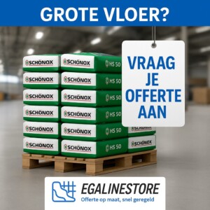 Pallet met zakken SCHÖNOX HS 50 egaline in magazijn met tekst "Grote vloer? Vraag je offerte aan" en logo van Egalinestore.
